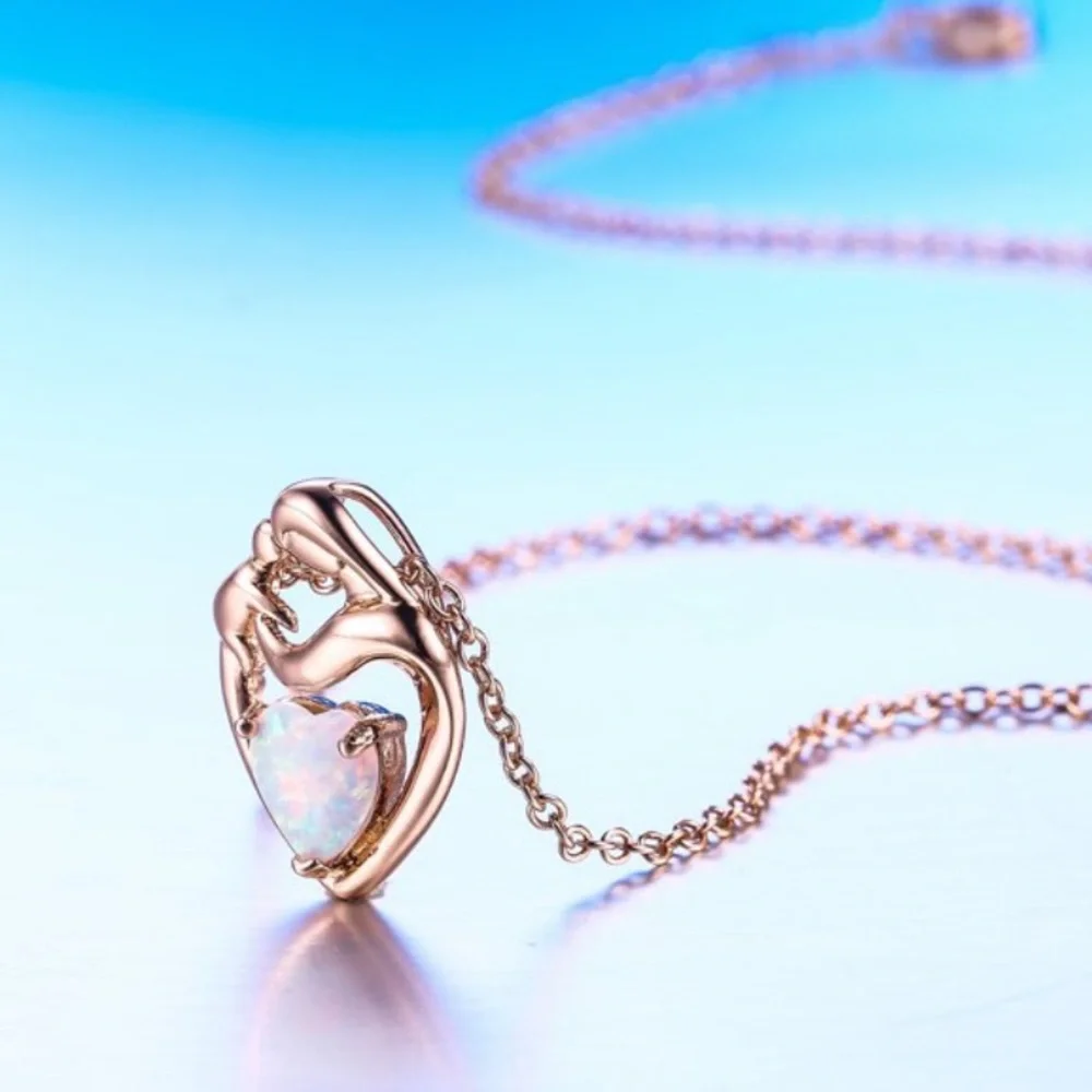 Flyow Fine Jewelry Women’s Loving Mother Child Heart White Opal Necklace